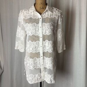 Pia Rossini White Lace Appliqué Button Front Swim Cover Up Dress Sz M